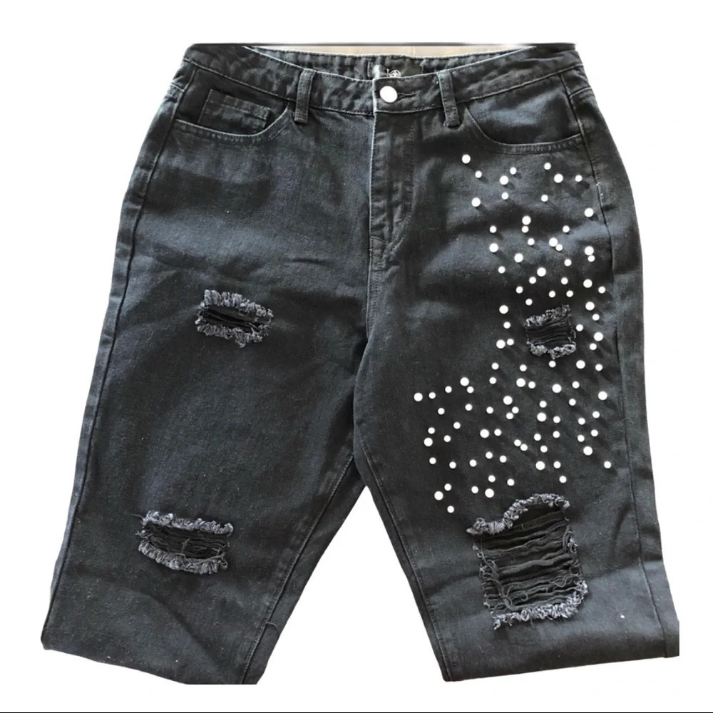 🛍️3/$40 Misguided Distressed Black Denim Jeans Pearls Accents Size 8 - Picture 2 of 7